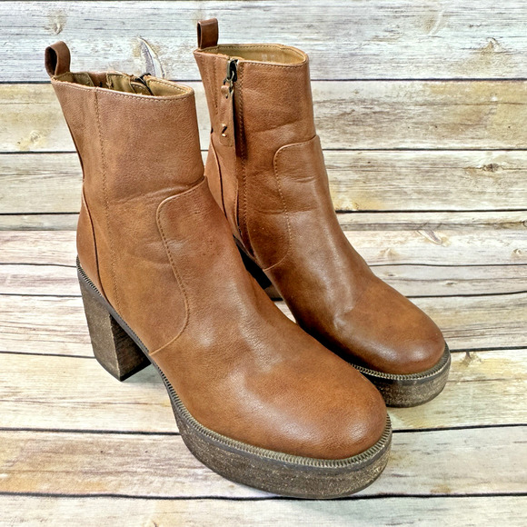Zodiac Womens Cognac Brown Vegan Faux Leather Chunky Heel Platform Boots 9 - Picture 1 of 9